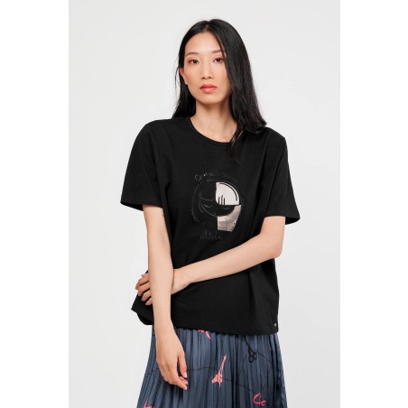 T-SHIRT À MANCHES COURTES NOIR AVEC APPLICATIONS ARGENTÉ ET BRONZE M