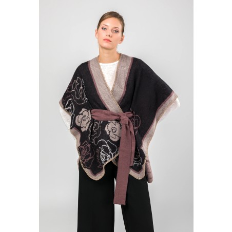 PONCHO AVEC CEINTURE BEIGE ET NOIR TU